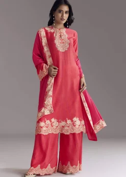 Pink Printed Palazzo Set With Mirror Work