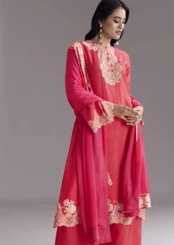 Pink Printed Palazzo Set With Mirror Work