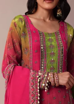 Pink Printed Palazzo Set With Zari Work Kurta