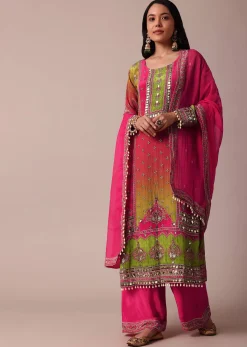 Pink Printed Palazzo Set With Zari Work Kurta