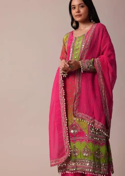 Pink Printed Palazzo Set With Zari Work Kurta