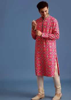 Pink Printed Pashmina Kurta Set For Men