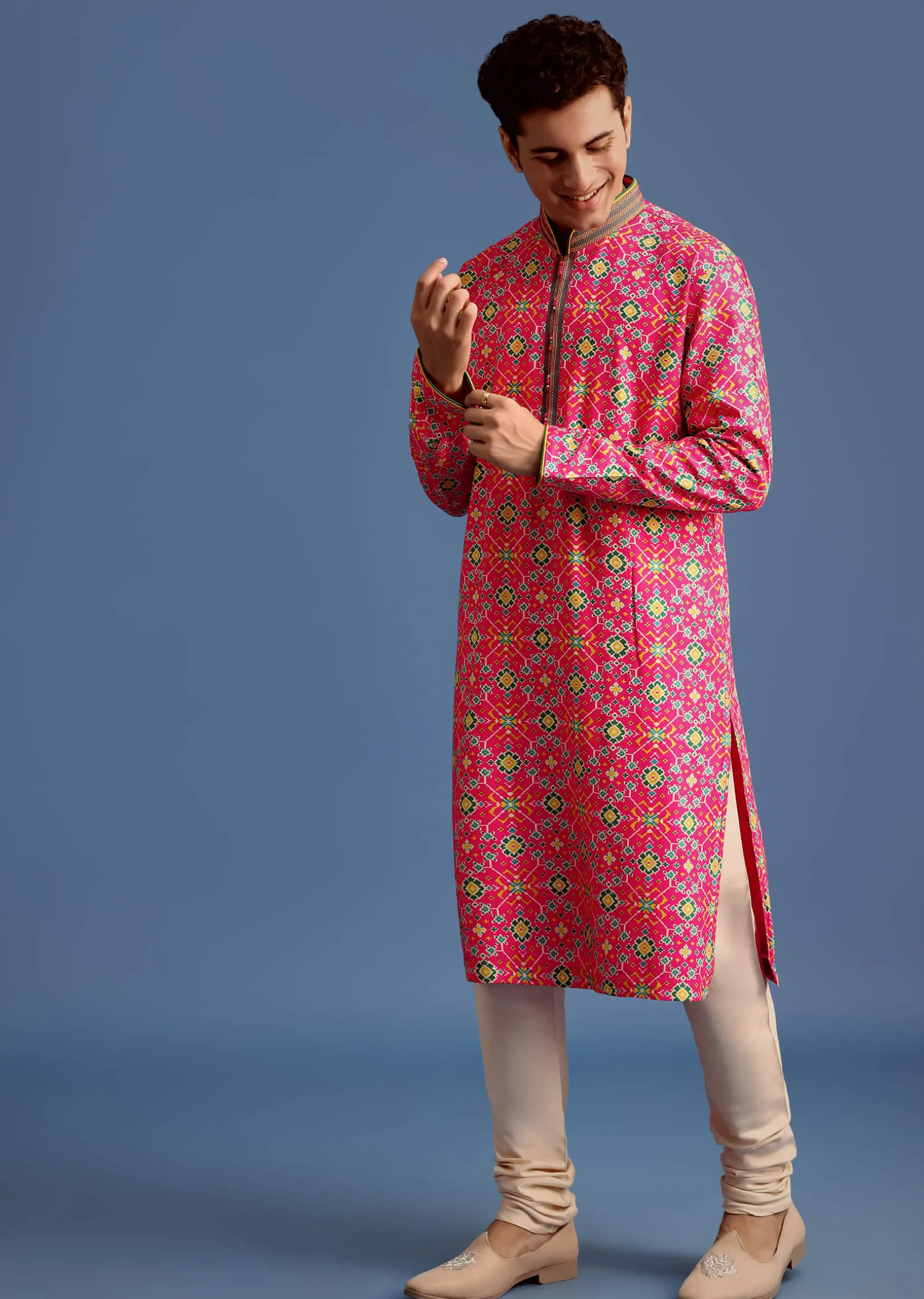 Pink Printed Pashmina Kurta Set For Men