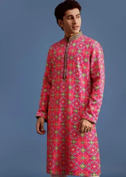 Pink Printed Pashmina Kurta Set For Men
