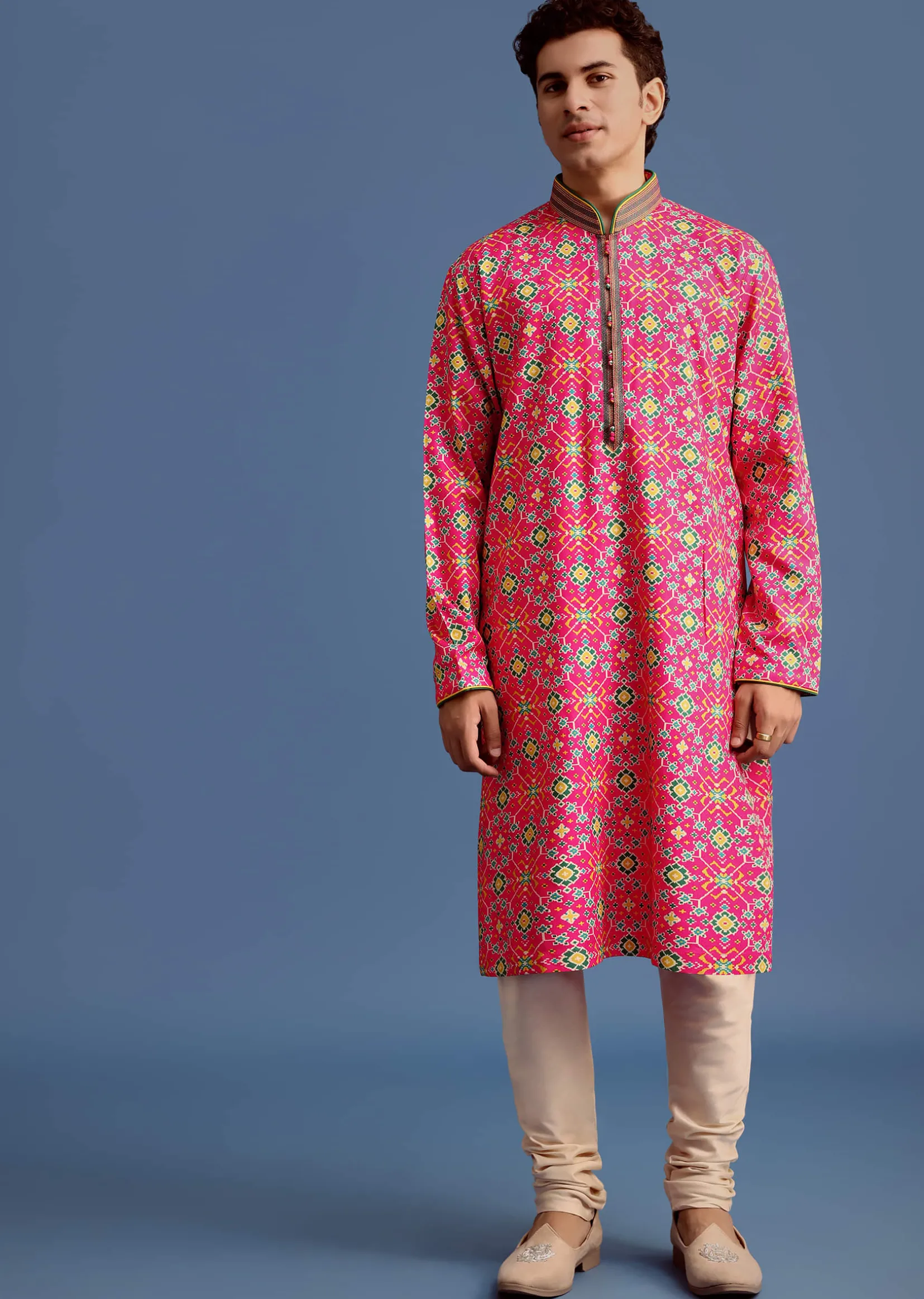 Pink Printed Pashmina Kurta Set For Men