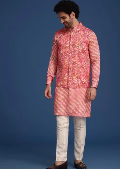 Pink Printed Silk Kurta Jacket Set
