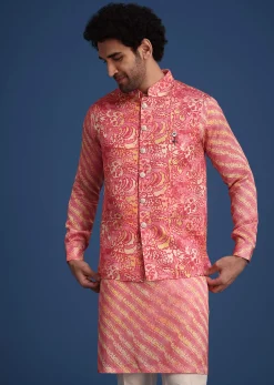 Pink Printed Silk Kurta Jacket Set