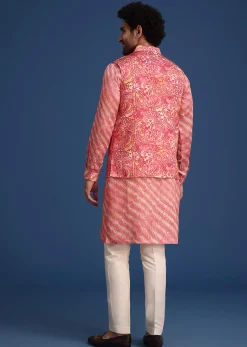 Pink Printed Silk Kurta Jacket Set