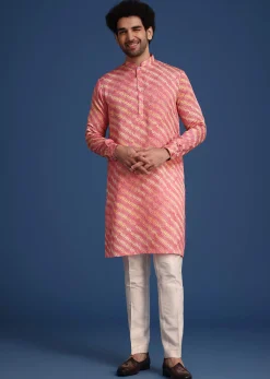 Pink Printed Silk Kurta Jacket Set