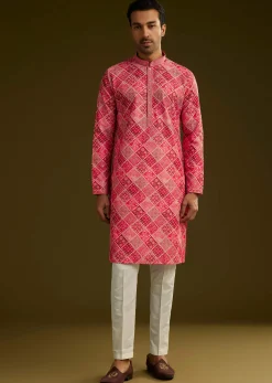 Pink Printed Silk Kurta Set With Geometric Motifs