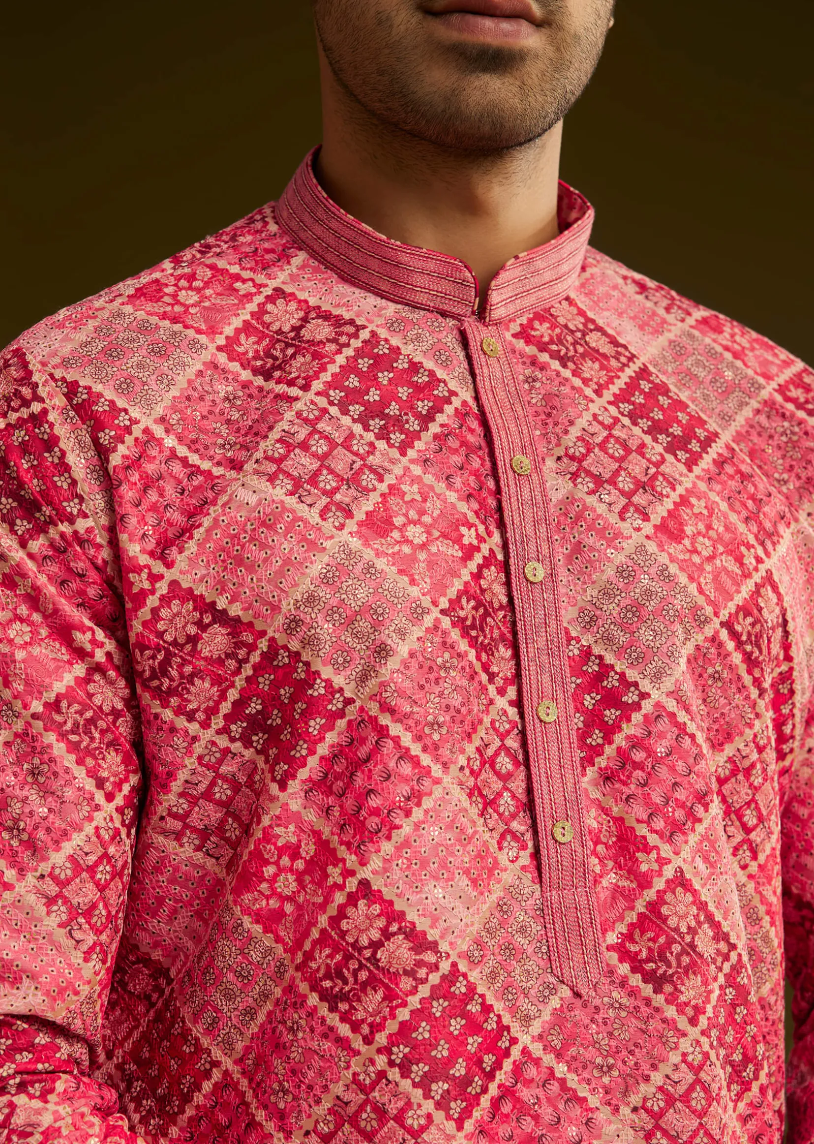 Pink Printed Silk Kurta Set With Geometric Motifs