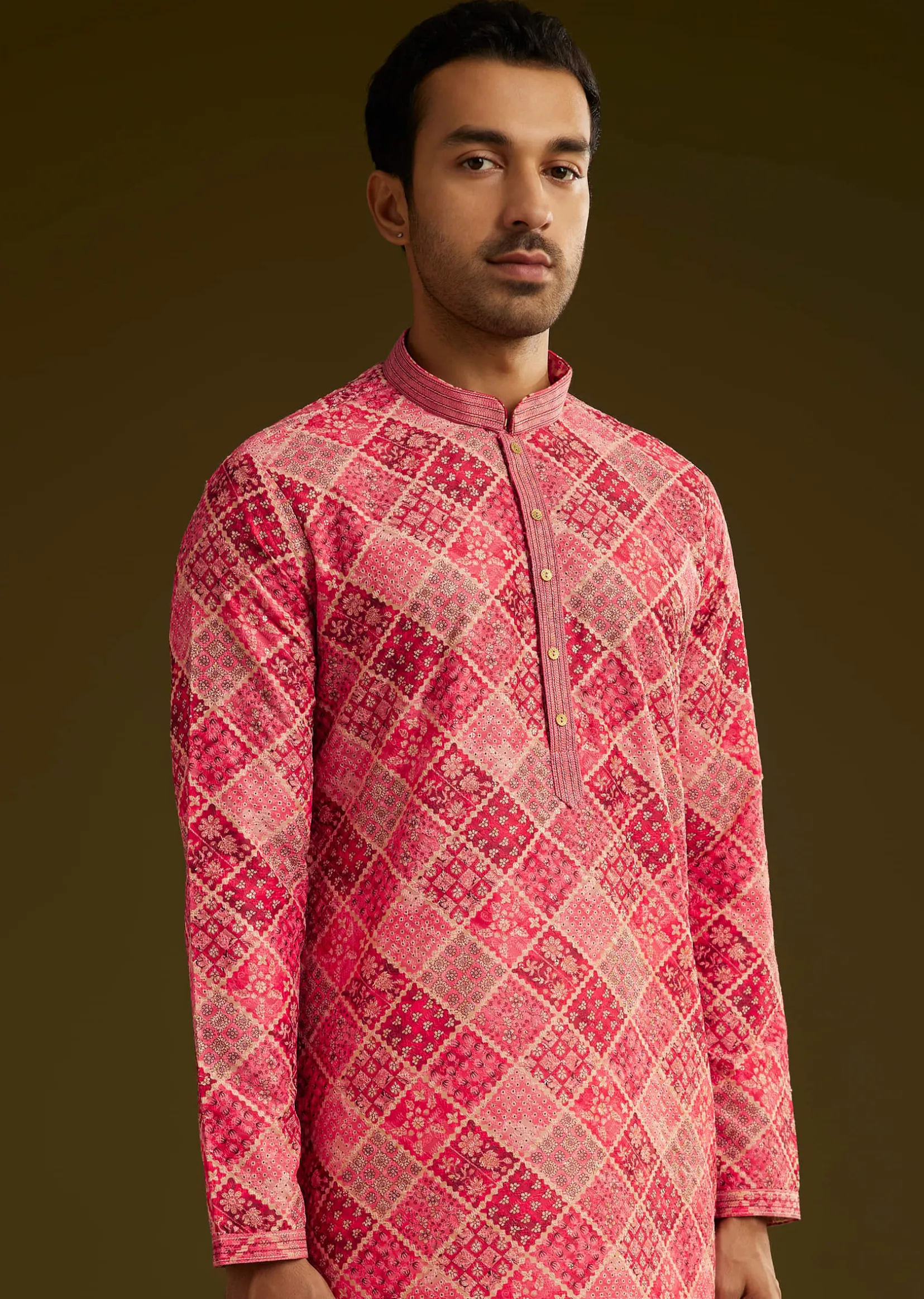 Pink Printed Silk Kurta Set With Geometric Motifs