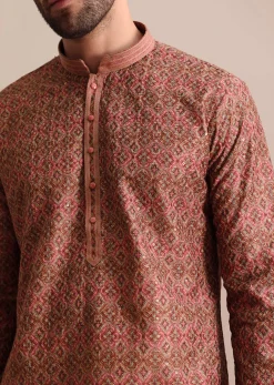 Pink Printed Silk Kurta Set For Men