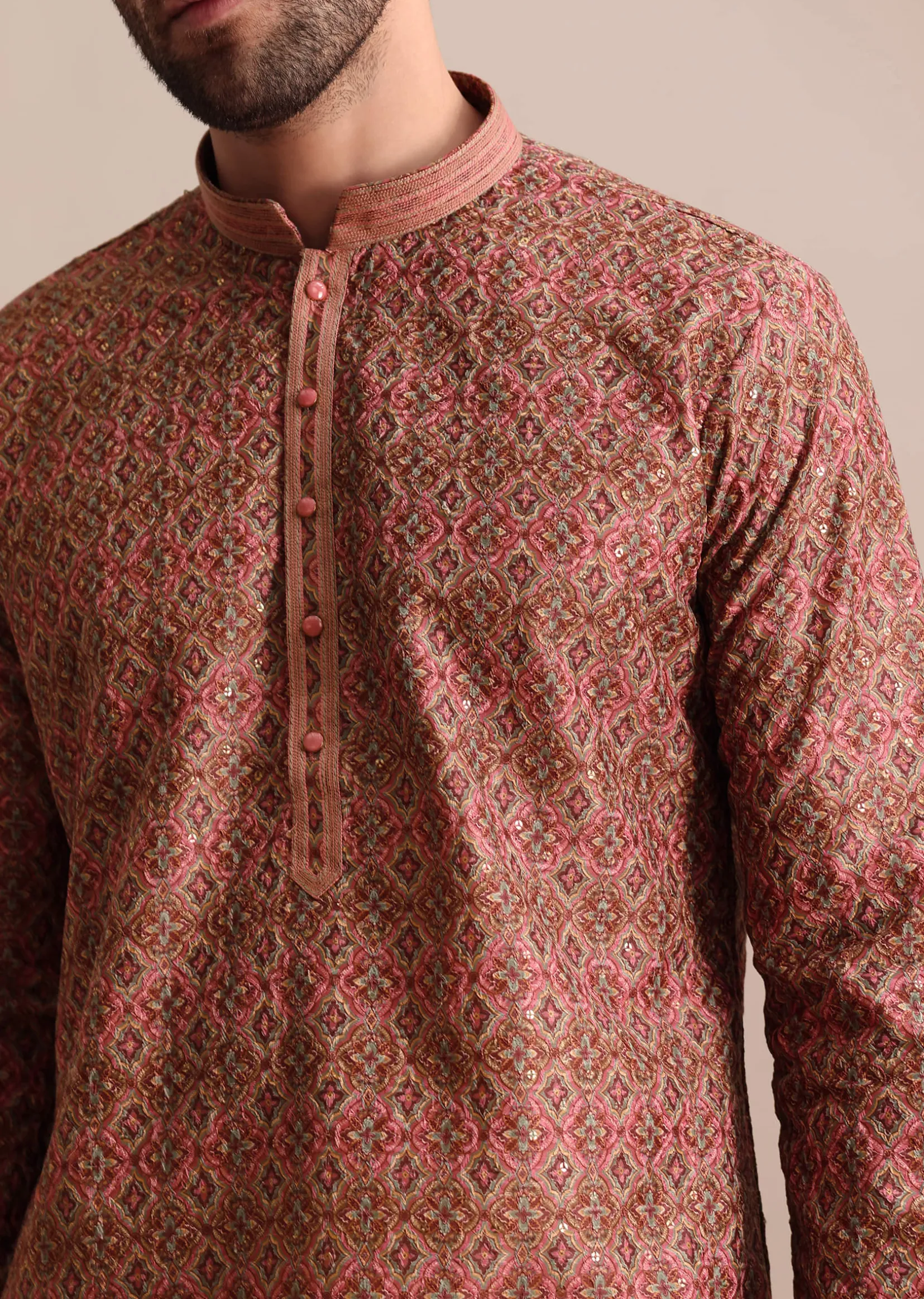 Pink Printed Silk Kurta Set For Men
