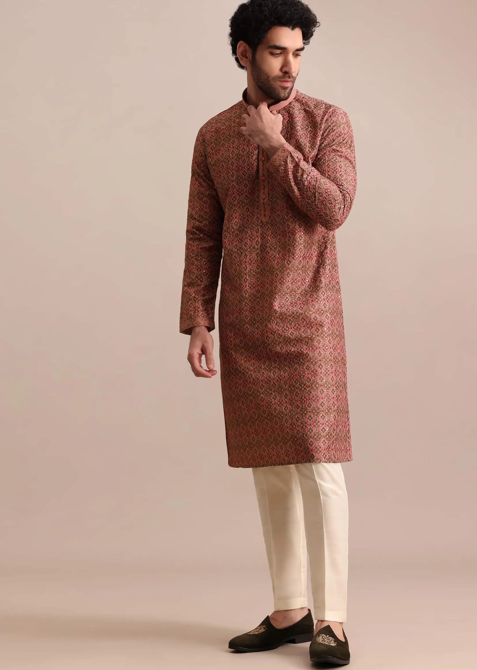 Pink Printed Silk Kurta Set For Men