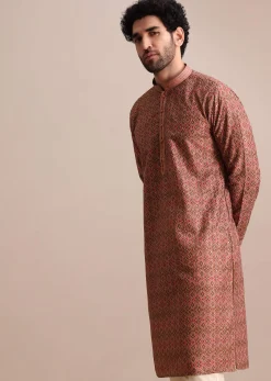 Pink Printed Silk Kurta Set For Men