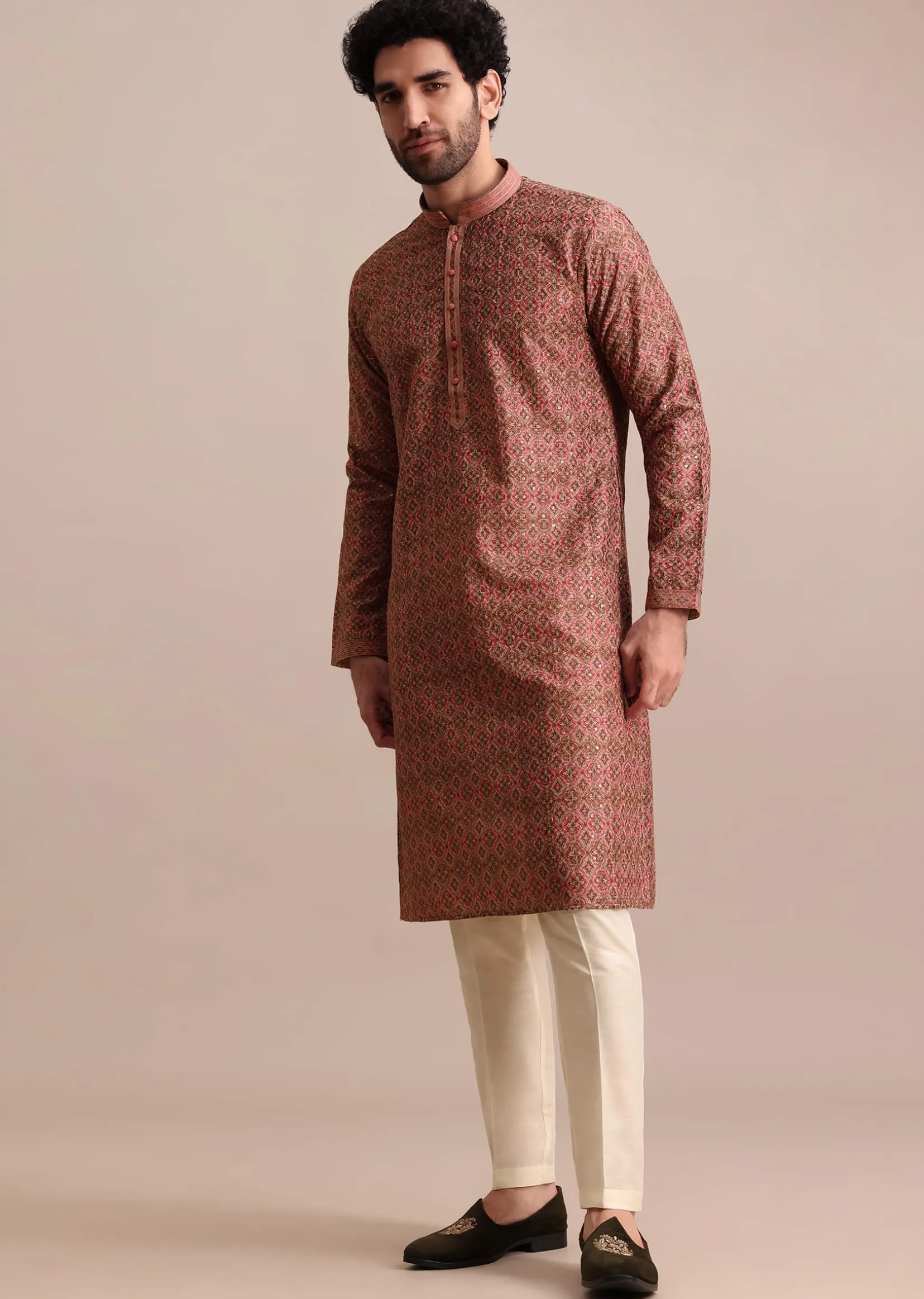 Pink Printed Silk Kurta Set For Men