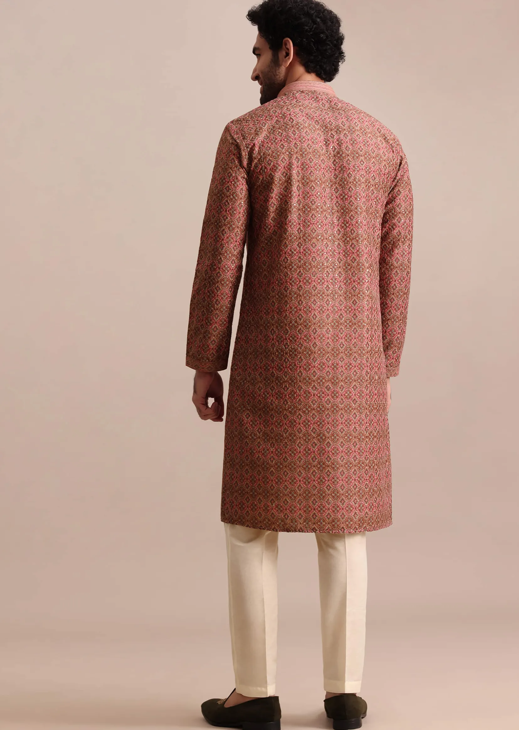 Pink Printed Silk Kurta Set For Men