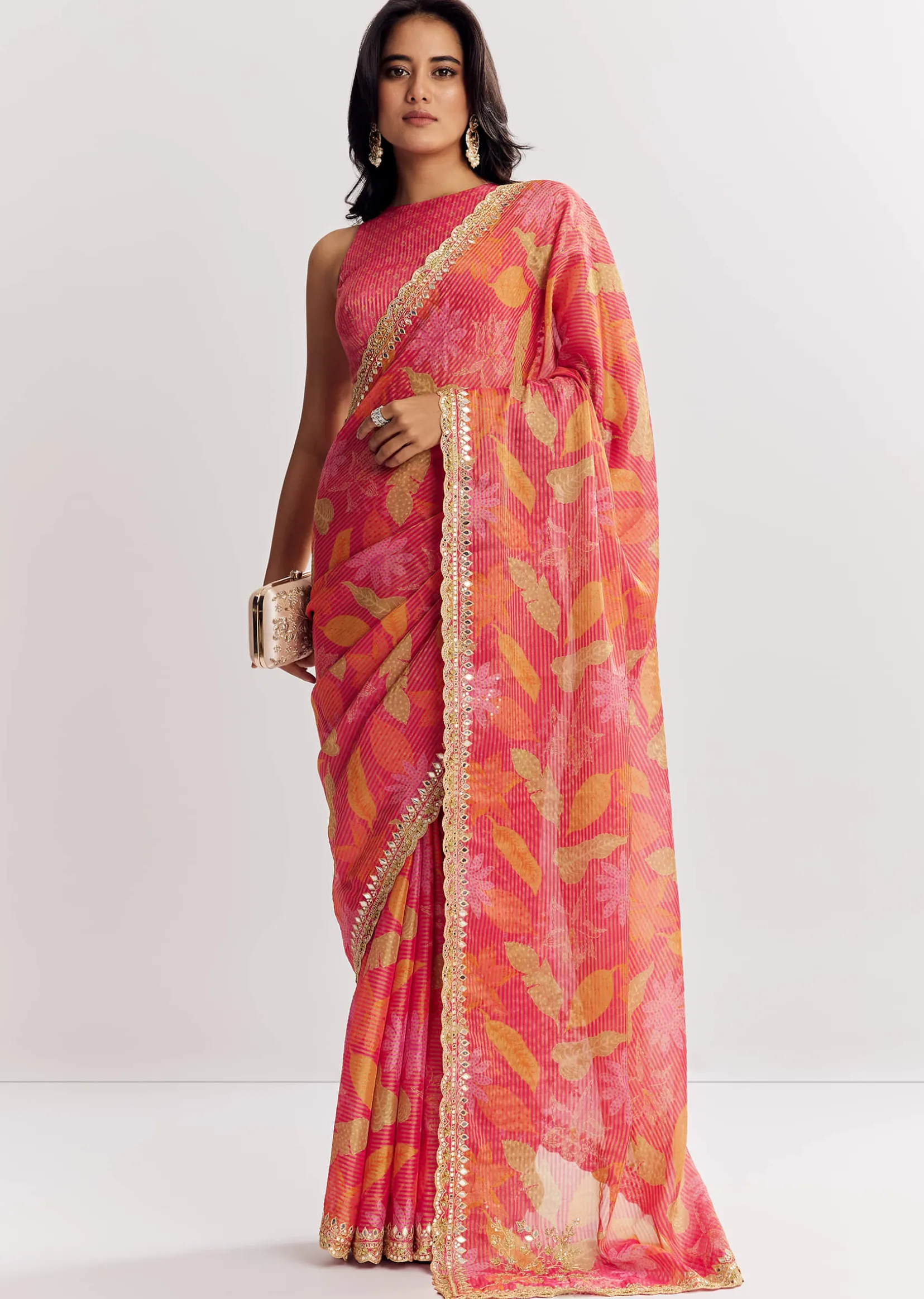 Pink Printed Tissue Lurex Saree With Zari Mirror And Cutdana Embroidery