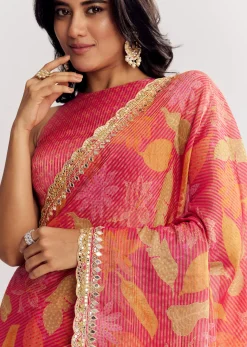 Pink Printed Tissue Lurex Saree With Zari Mirror And Cutdana Embroidery