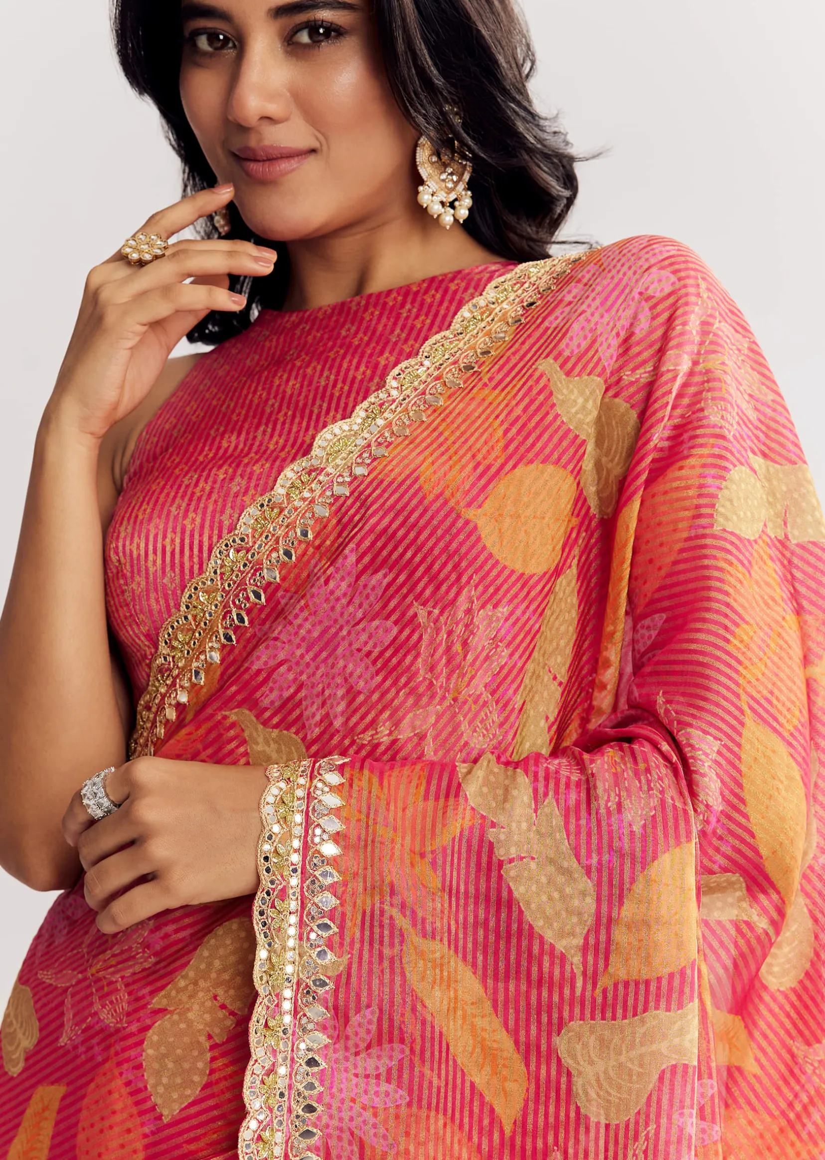 Pink Printed Tissue Lurex Saree With Zari Mirror And Cutdana Embroidery