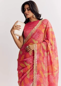Pink Printed Tissue Lurex Saree With Zari Mirror And Cutdana Embroidery