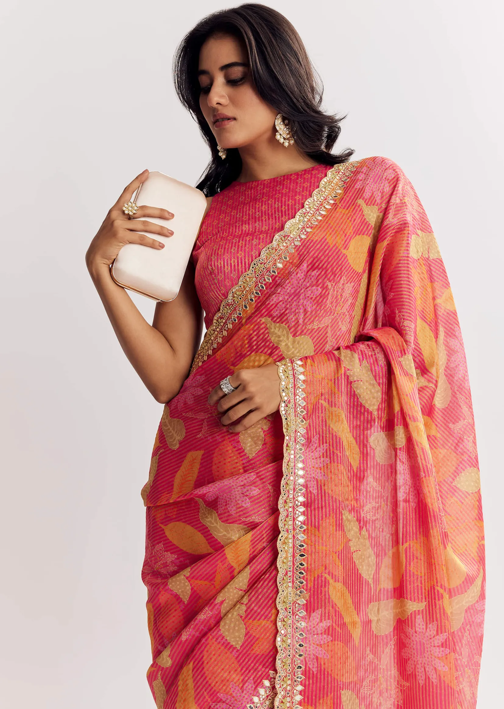Pink Printed Tissue Lurex Saree With Zari Mirror And Cutdana Embroidery