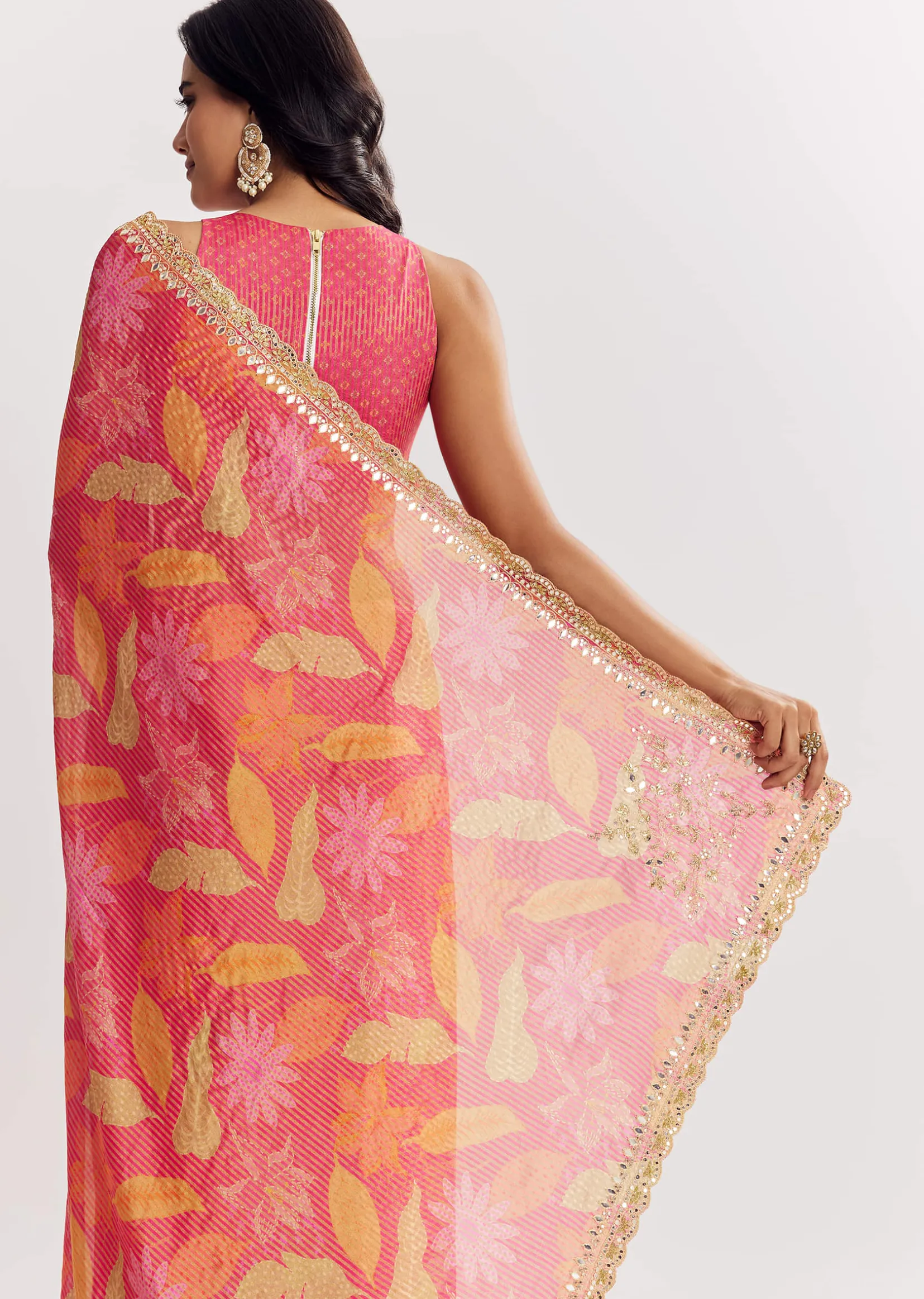Pink Printed Tissue Lurex Saree With Zari Mirror And Cutdana Embroidery