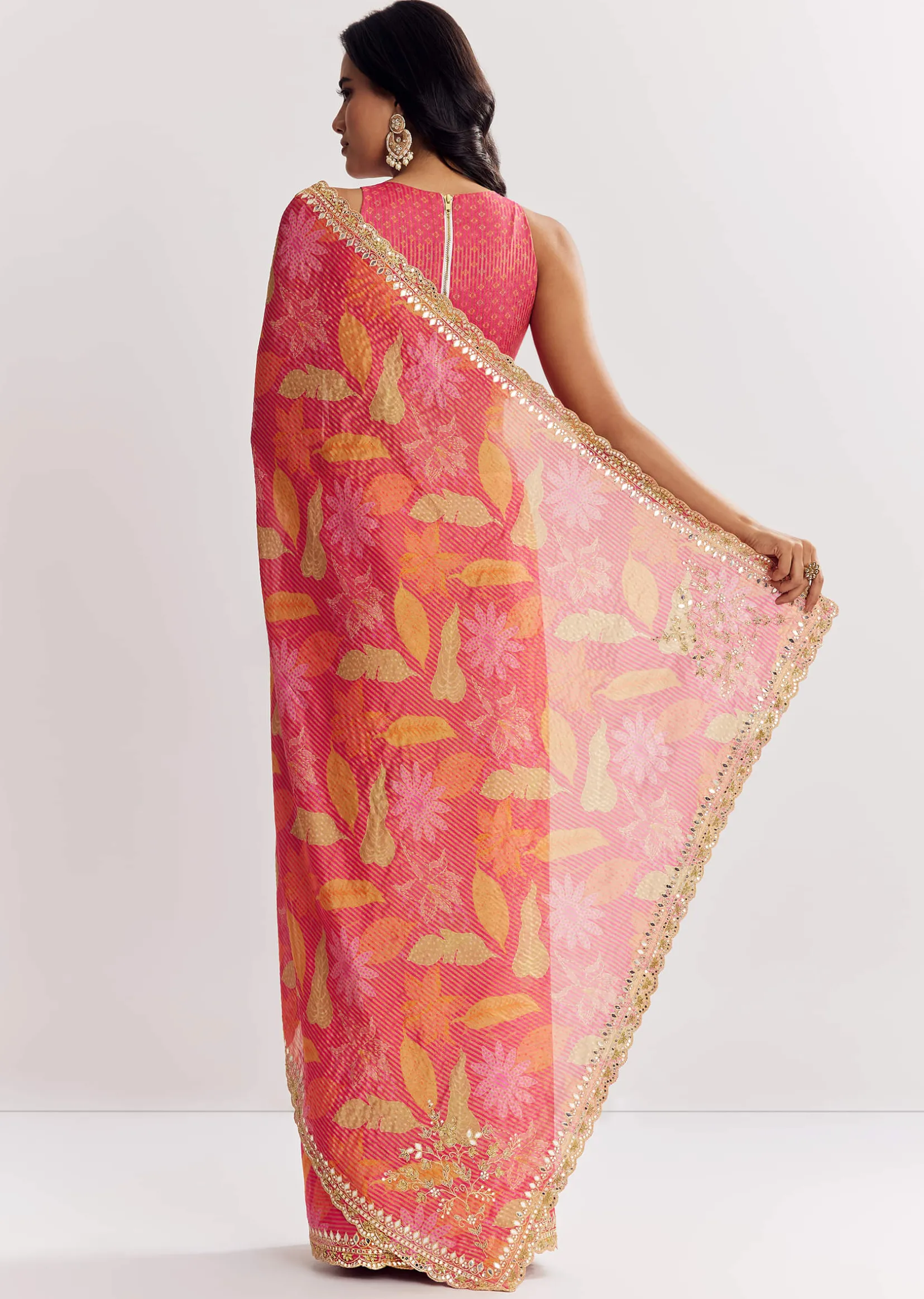 Pink Printed Tissue Lurex Saree With Zari Mirror And Cutdana Embroidery