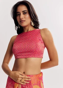 Pink Printed Tissue Lurex Saree With Zari Mirror And Cutdana Embroidery