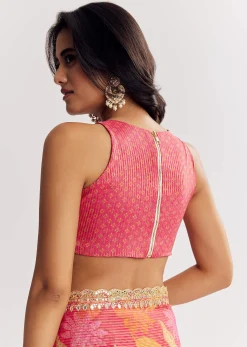 Pink Printed Tissue Lurex Saree With Zari Mirror And Cutdana Embroidery