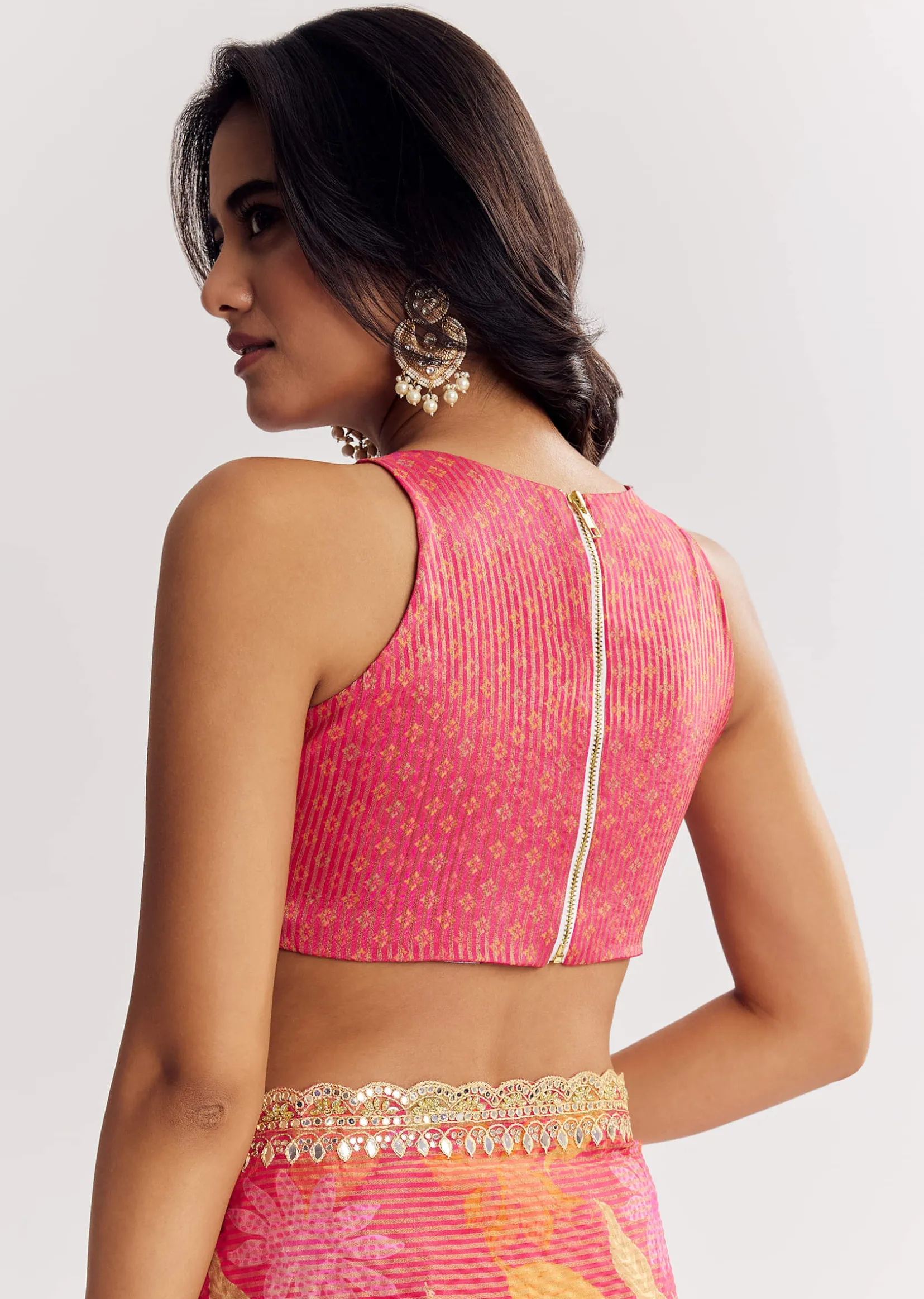 Pink Printed Tissue Lurex Saree With Zari Mirror And Cutdana Embroidery