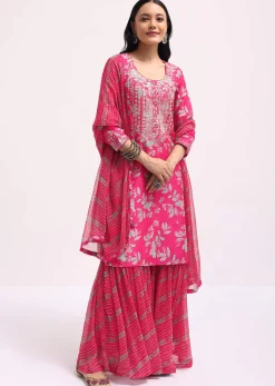 Pink Printed Tussar Kurta Sharara Set With Gotta Pati