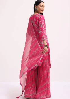Pink Printed Tussar Kurta Sharara Set With Gotta Pati