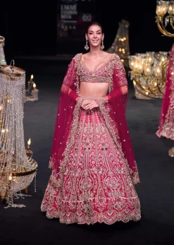 Pink Raw Silk 16 Kali Lehenga And 3D Pearl Embellished Blouse Set