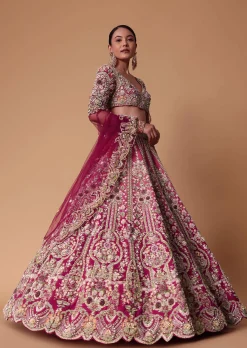 Pink Raw Silk 16 Kali Lehenga And 3D Pearl Embellished Blouse Set
