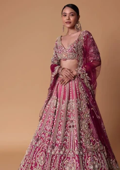 Pink Raw Silk 16 Kali Lehenga And 3D Pearl Embellished Blouse Set
