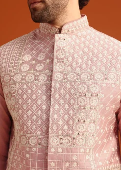Pink Raw Silk Jacket Kurta Set With Mirror Embellishments
