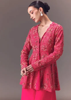 Pink Raw Silk Peplum With Double Circular Palazzo Pants