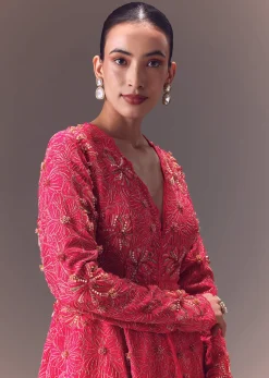 Pink Raw Silk Peplum With Double Circular Palazzo Pants