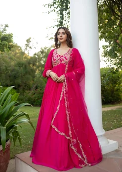Pink Raw Silk Thread Embroidered Anarkali With Balloon Sleeves And Embroidered Dupatta