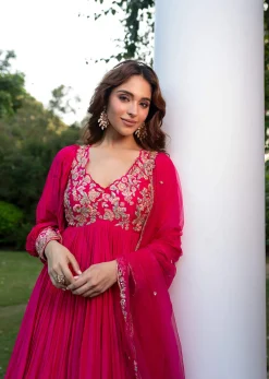 Pink Raw Silk Thread Embroidered Anarkali With Balloon Sleeves And Embroidered Dupatta