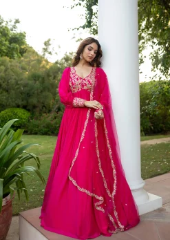 Pink Raw Silk Thread Embroidered Anarkali With Balloon Sleeves And Embroidered Dupatta