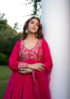 Pink Raw Silk Thread Embroidered Anarkali With Balloon Sleeves And Embroidered Dupatta