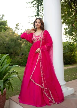 Pink Raw Silk Thread Embroidered Anarkali With Balloon Sleeves And Embroidered Dupatta