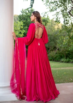 Pink Raw Silk Thread Embroidered Anarkali With Balloon Sleeves And Embroidered Dupatta