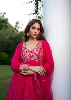 Pink Raw Silk Thread Embroidered Anarkali With Balloon Sleeves And Embroidered Dupatta
