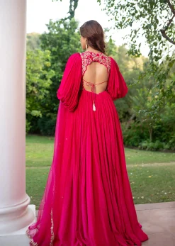 Pink Raw Silk Thread Embroidered Anarkali With Balloon Sleeves And Embroidered Dupatta
