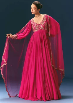 Pink Raw Silk Thread Embroidered Anarkali With Balloon Sleeves And Embroidered Dupatta