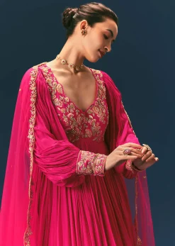Pink Raw Silk Thread Embroidered Anarkali With Balloon Sleeves And Embroidered Dupatta